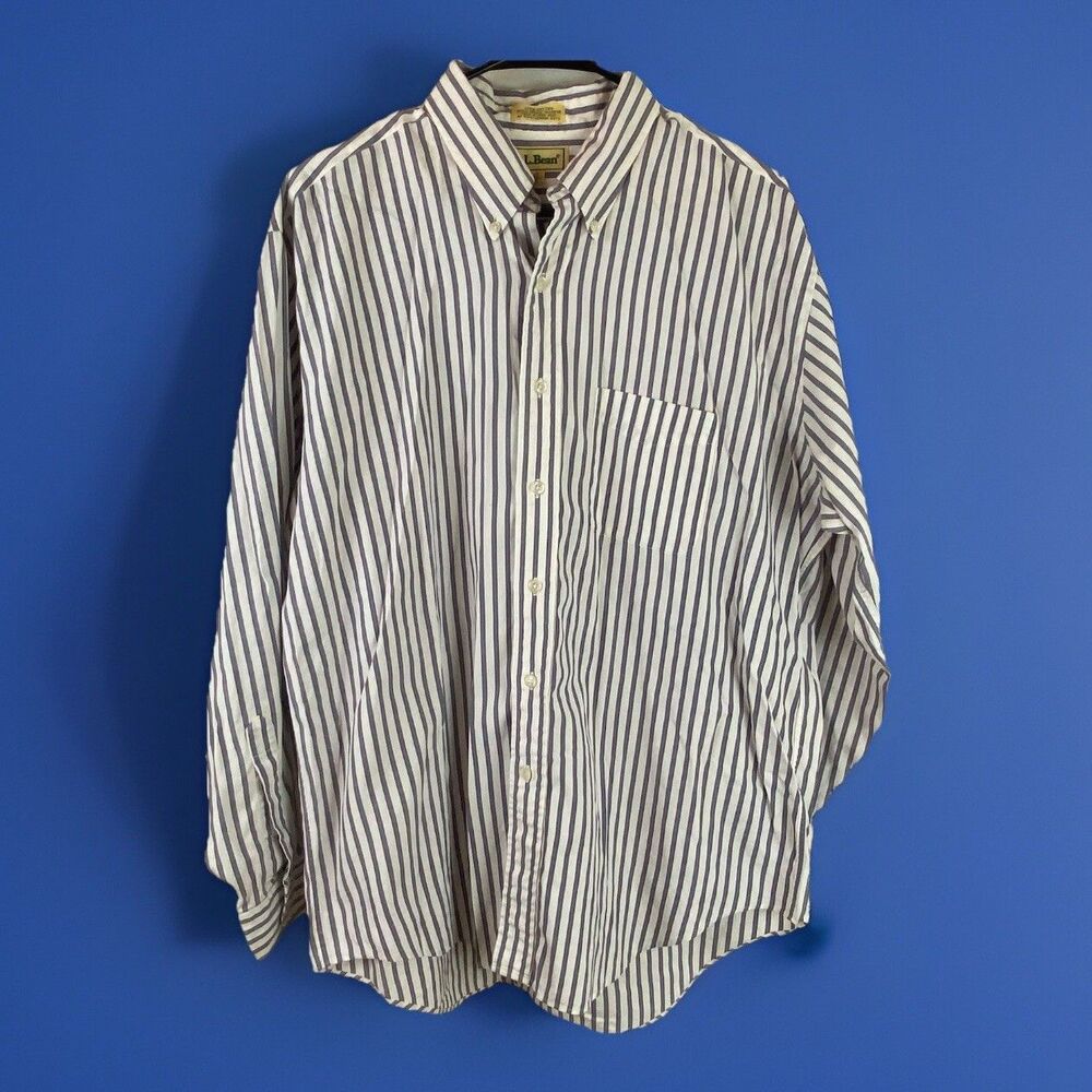 Vintage LL Bean Men’s 17-35 Gray Striped Button Down Shirt Made In Hong Kong